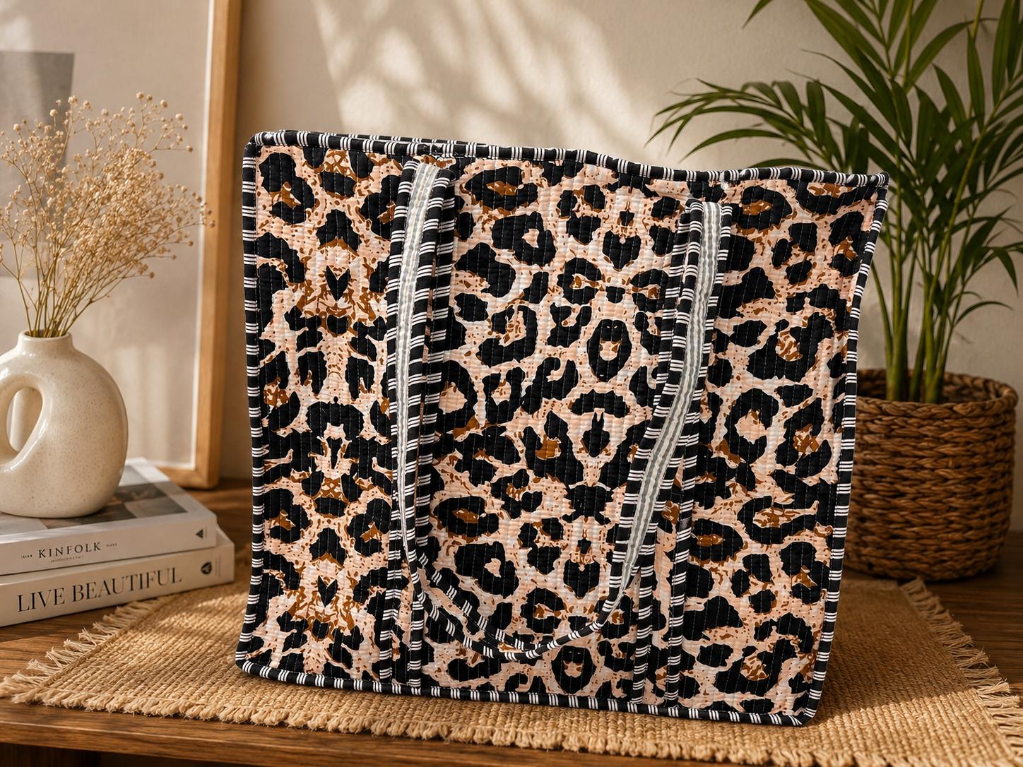 Midnight Leopard Tote (Large with Zipper)