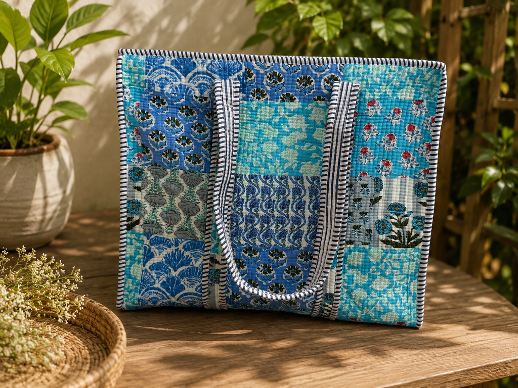 Blue Garden Mosaic Tote (Large with Zipper)