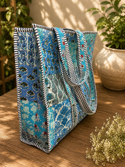 Blue Garden Mosaic Tote (Large with Zipper)
