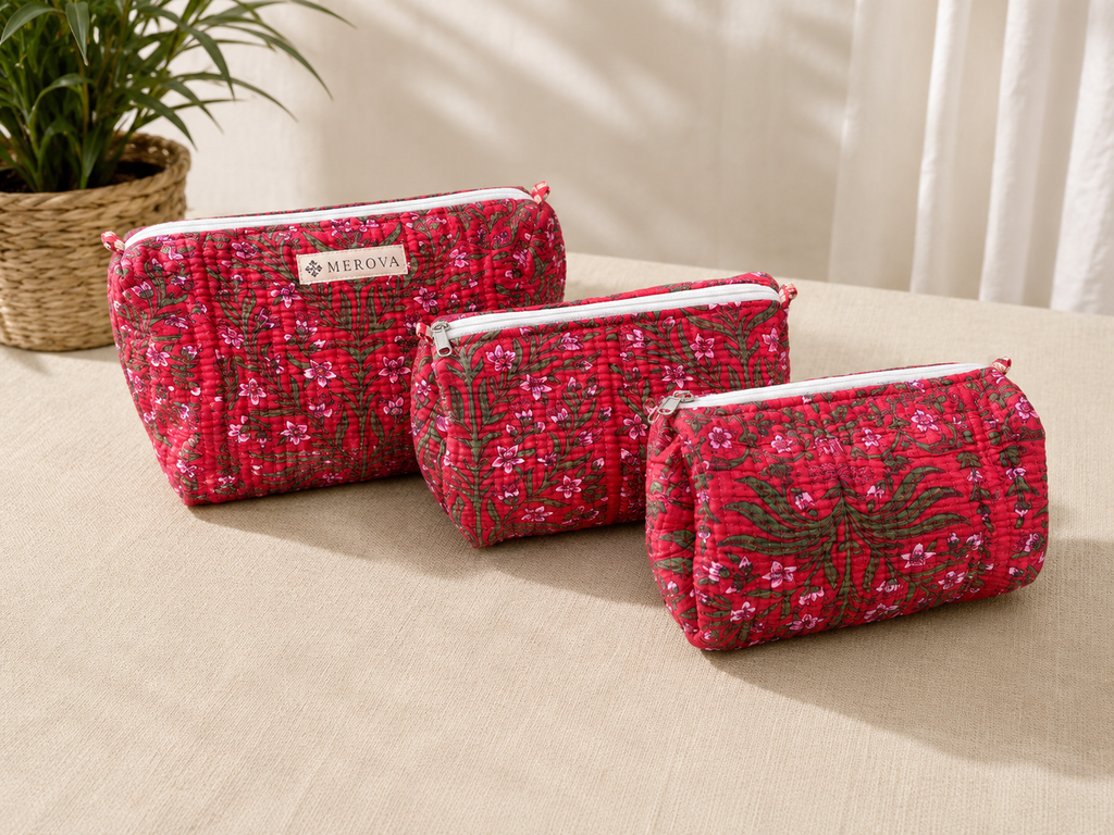 Crimson Bloom Toiletry Pouches (Set of 3)
