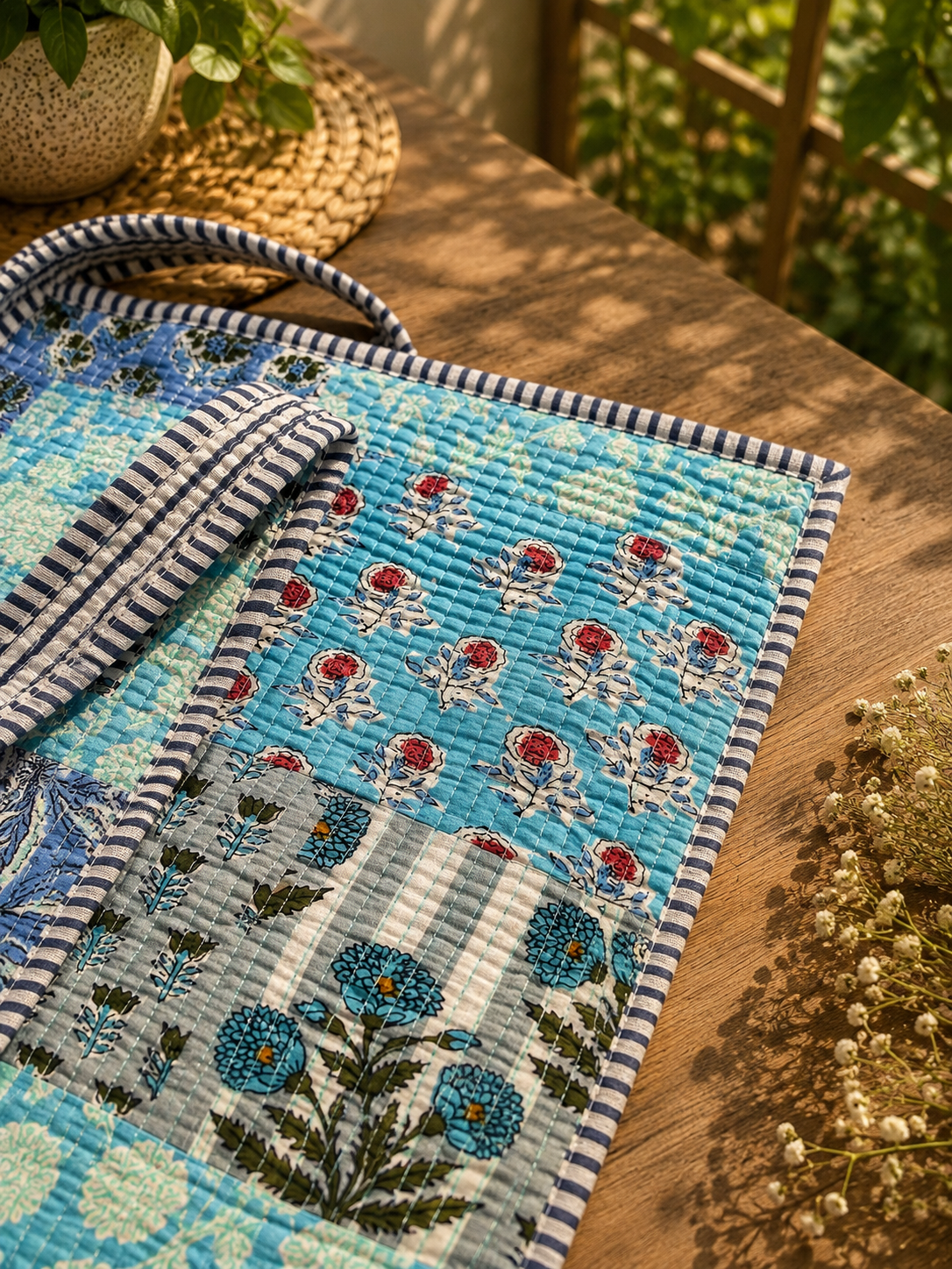 Blue Garden Mosaic Tote (Large with Zipper)