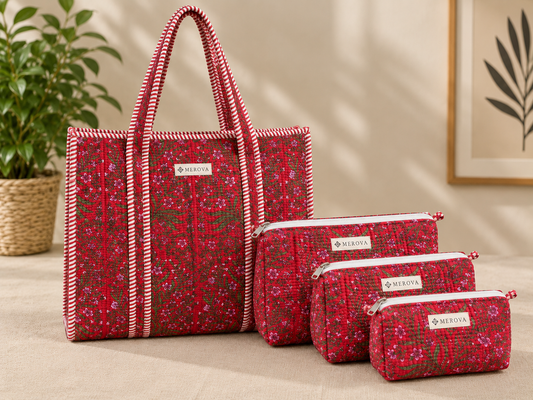 Crimson Bloom Tote & Pouch Set