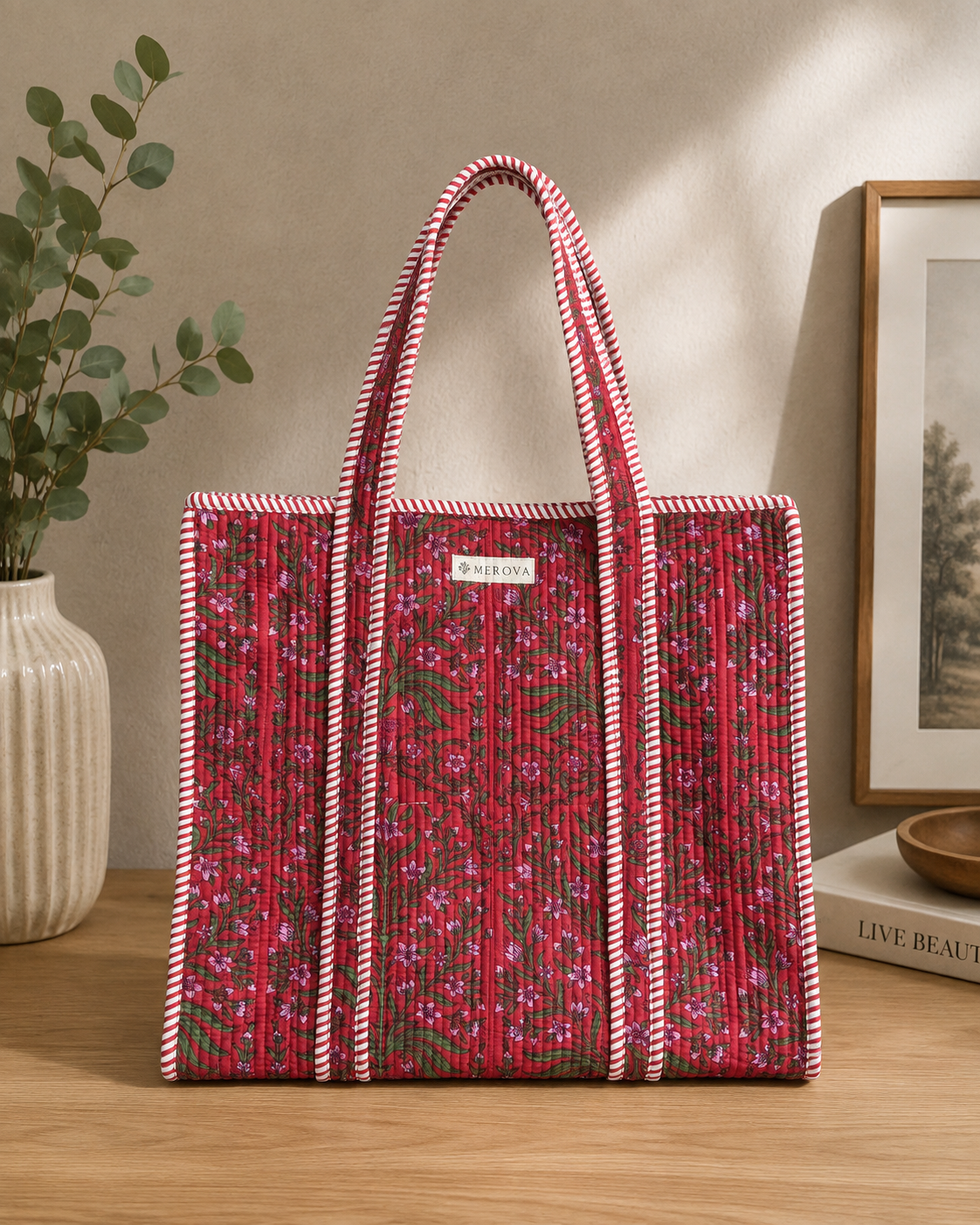 Crimson Bloom Tote (Medium with Zipper)
