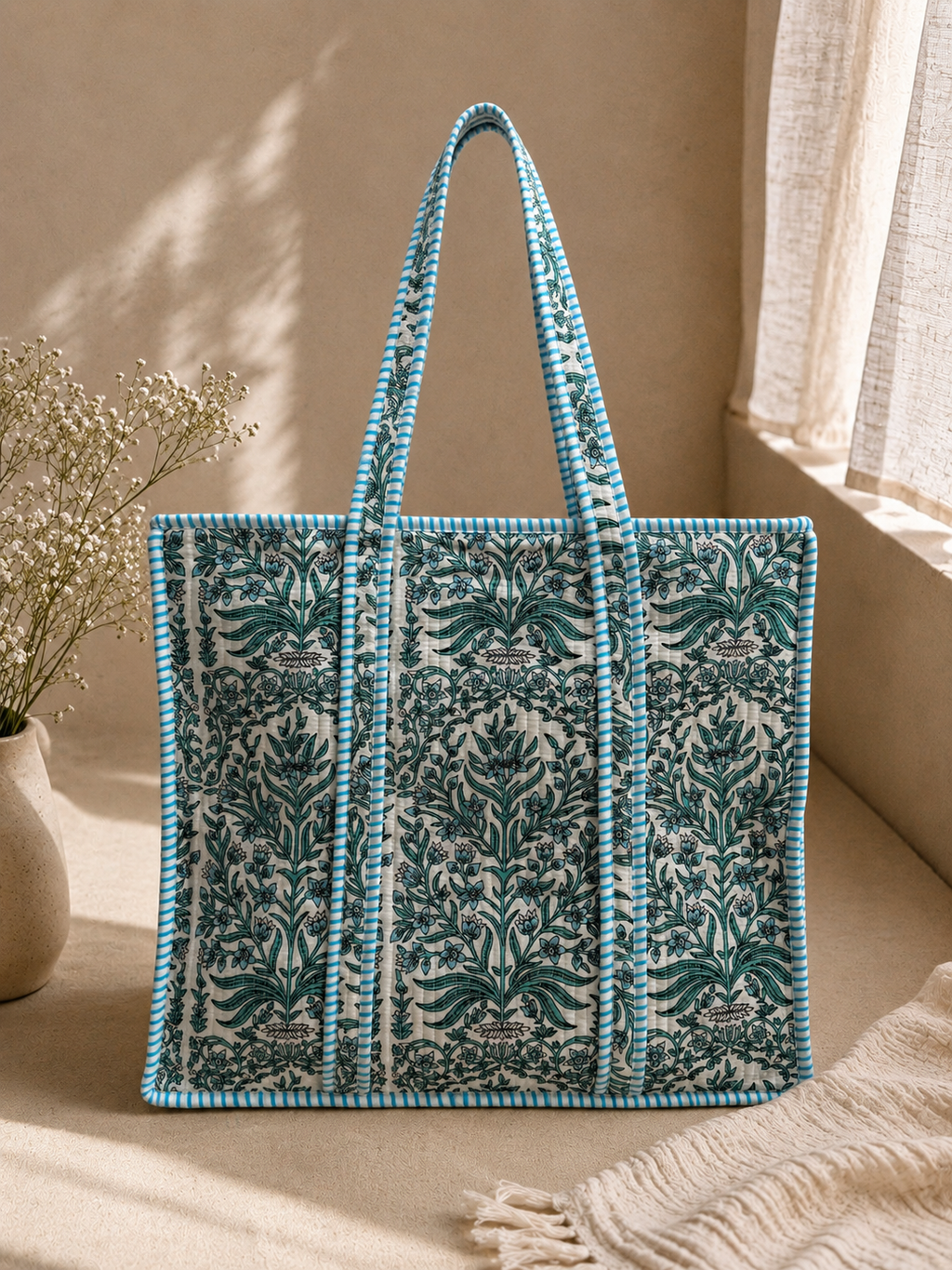 Sage Blossom Tote (Large with Zipper)